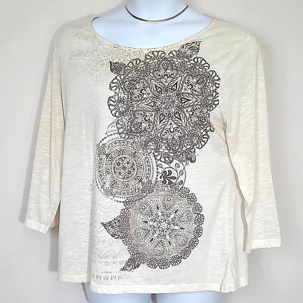 White Stag XL Mandala Print Tunic Top Beaded Long Sleeve Boho Hippie Festival
